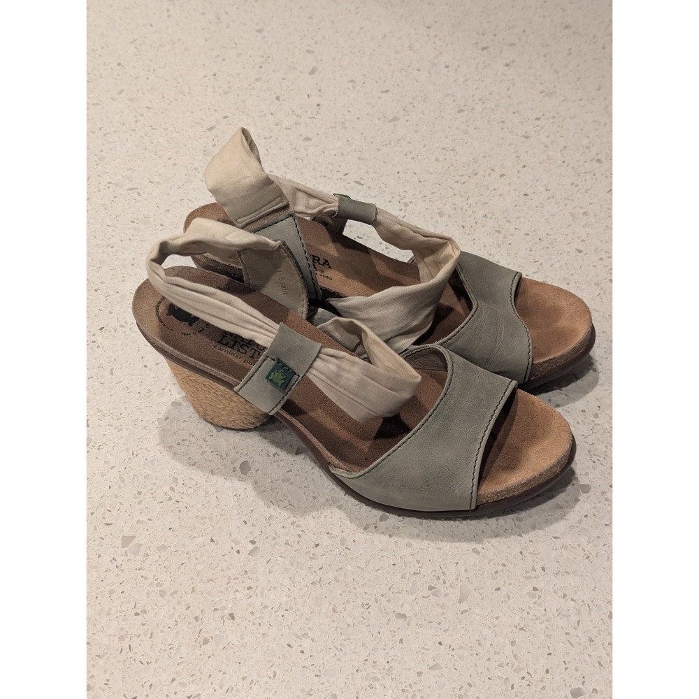 El Naturalista Block Heeled Sandals Ankle Strap Tan Fabric Green Leather  37 / 7 - Picture 3 of 11